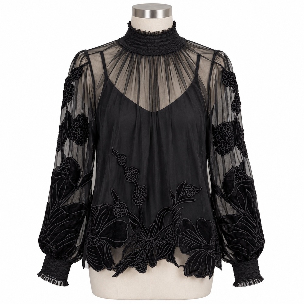 By Anthropologie Black Sheer Velvet Blouse Top Women's Medium Whimsigoth